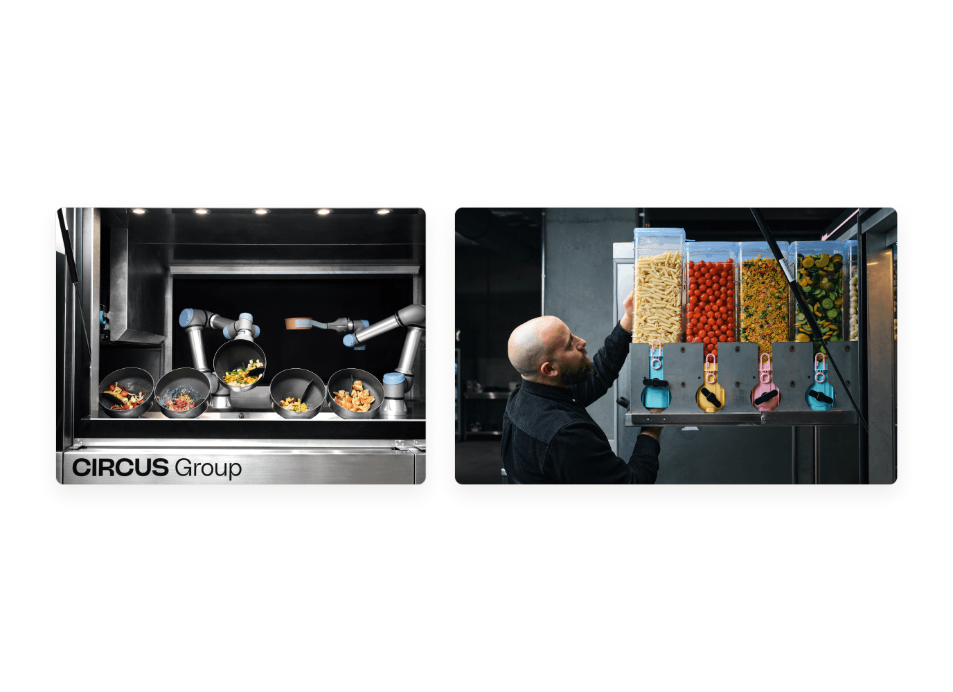 Circus cooking robot and an operator loading ingredient silos