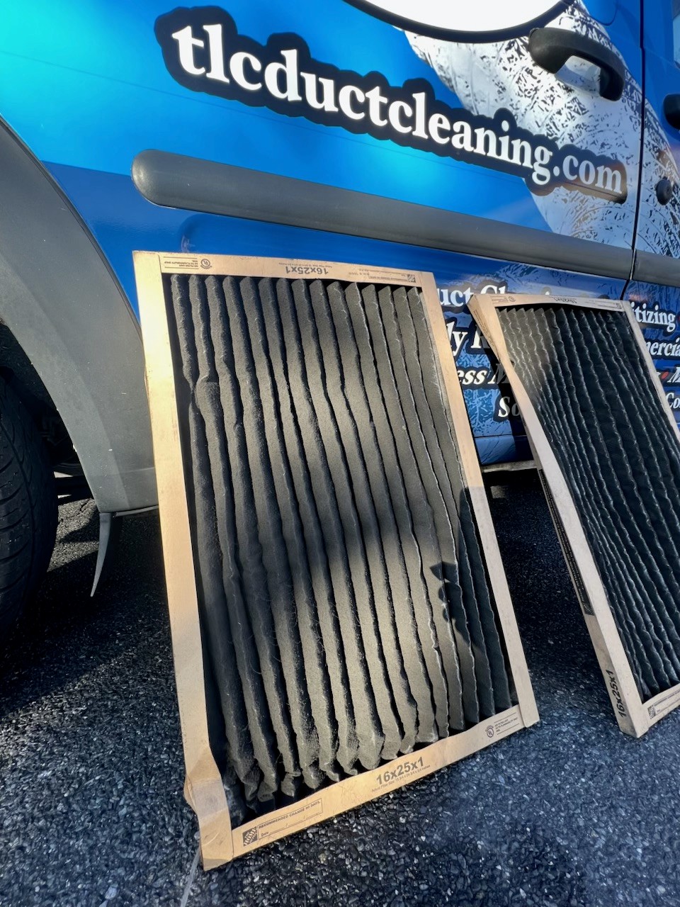 Dirty HVAC filters removed during a cleaning