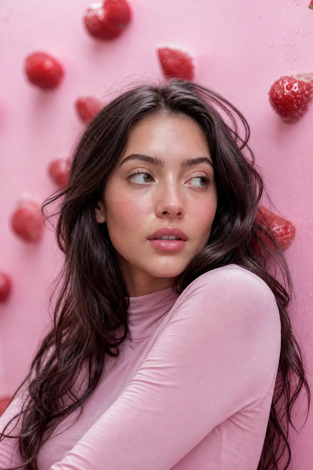 AI-generated fashion portrait of a woman in a pastel pink outfit surrounded by playful pink-themed elements.