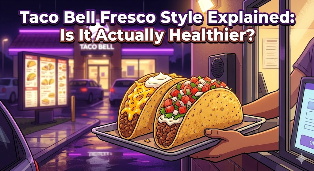 A cinematic cartoon illustration from a Taco Bell drive-thru. Two tacos on a tray illustrate a side-by-side nutritional comparison. The taco on the left is overloaded with cheese and sour cream; the taco on the right is a 'Fresco Style' taco topped with fresh pico de gallo. Bold text at the top reads: "Taco Bell Fresco Style Explained: Is It Actually Healthier?"