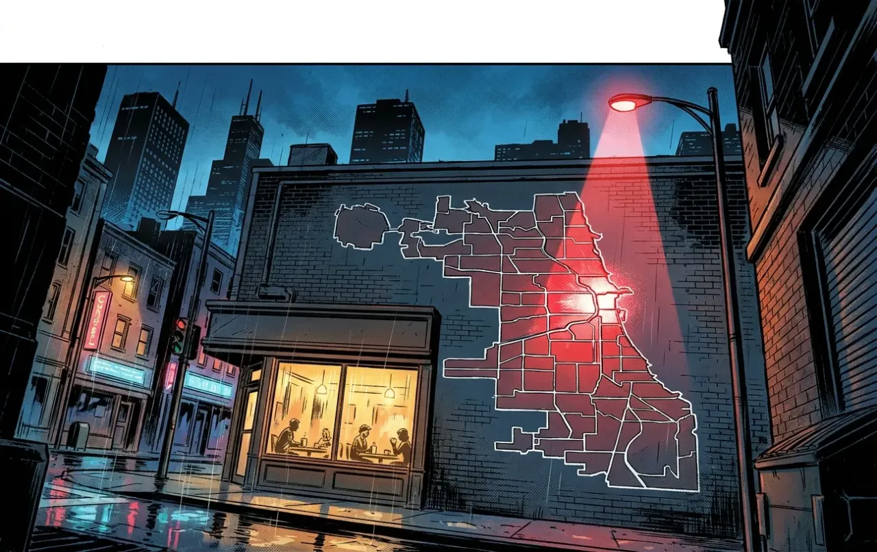 Urban cafe scene at night with RockN' Socials Digital Marketing Agency map.