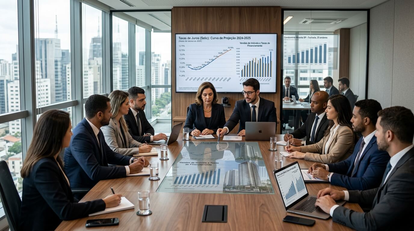 Reunião de executivos financeiros analisando gráficos de juros do crédito imobiliário em uma mesa de conferência moderna.