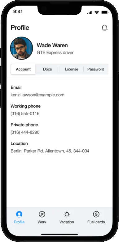 GTE driver account profile with contact and employment details