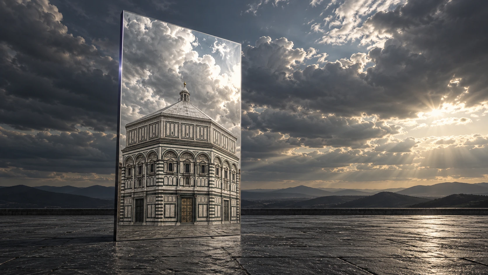 Conceptual editorial interpretation of Brunelleschi’s perspective experiment, showing fixed architecture beneath a sky left open to the changing world.