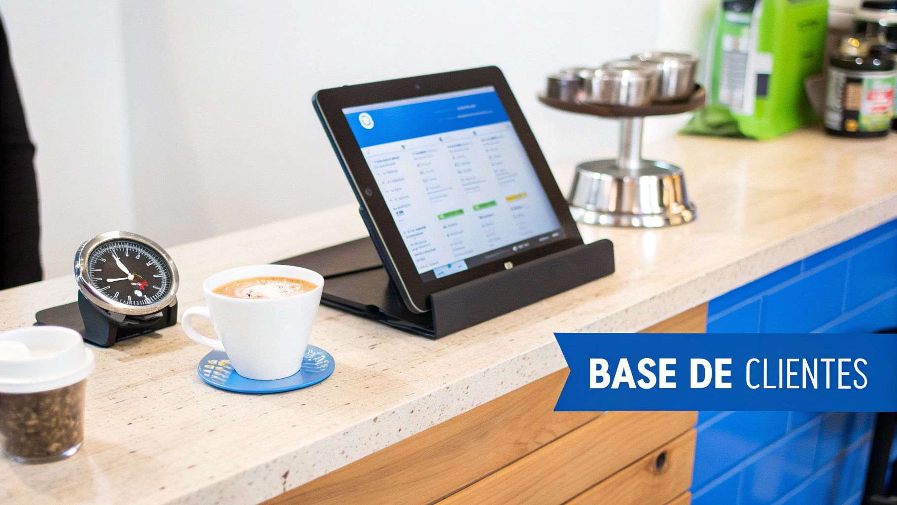 Una tablet con una aplicación de gestión de clientes y una taza de café en un mostrador moderno.