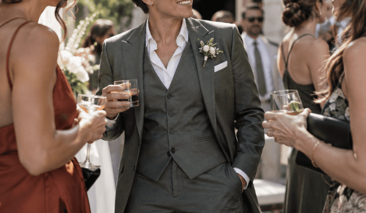 Woman in a three-piece bespoke wedding suit with waistcoat at a reception
