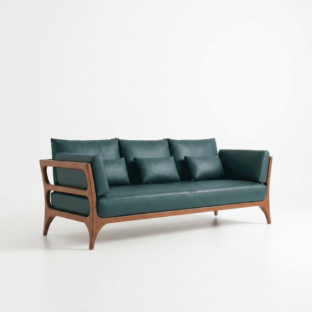 Armano contemporary three seater sofa with olive green upholstery and beech wood frame