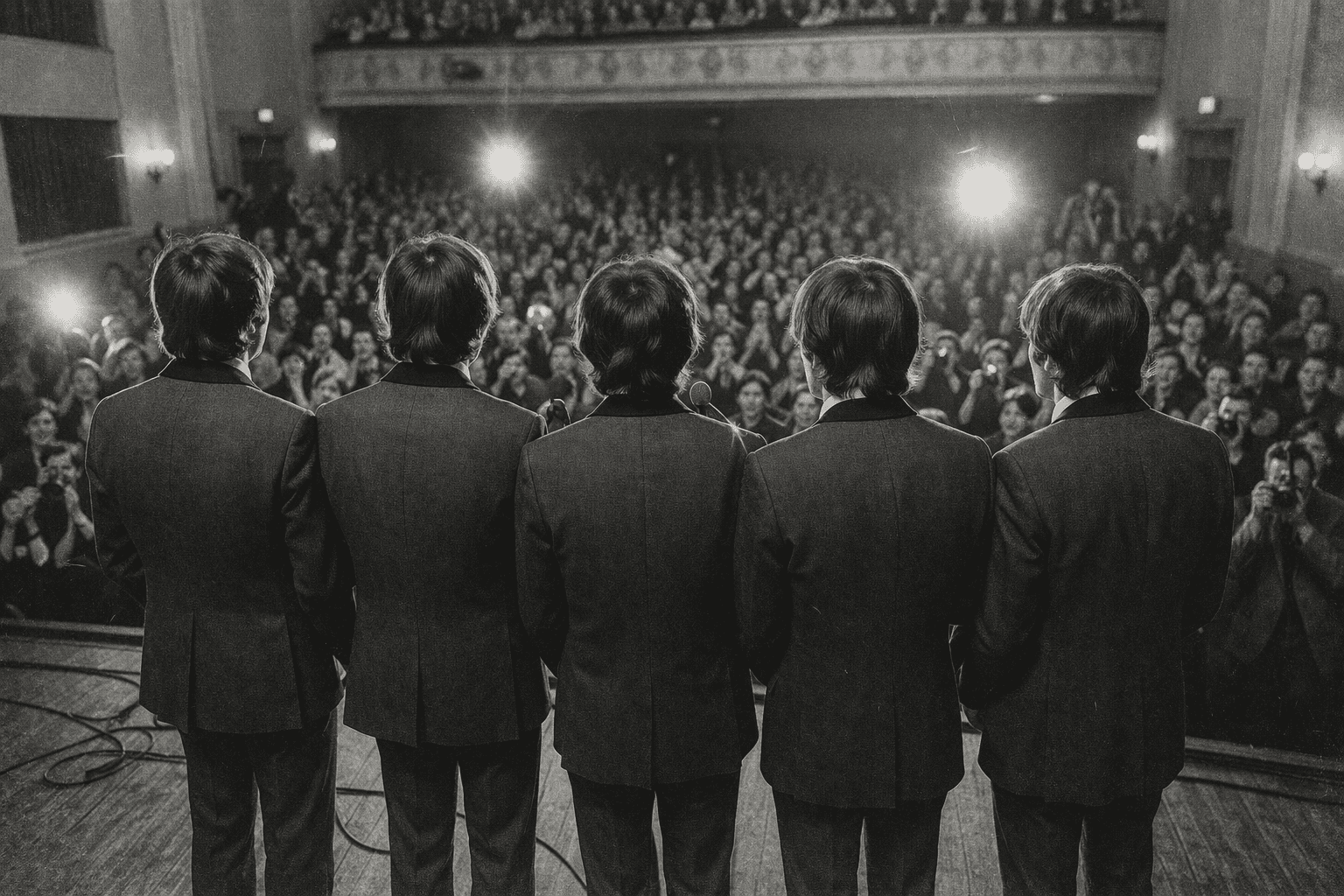 Group of 5 men faces a theater audience