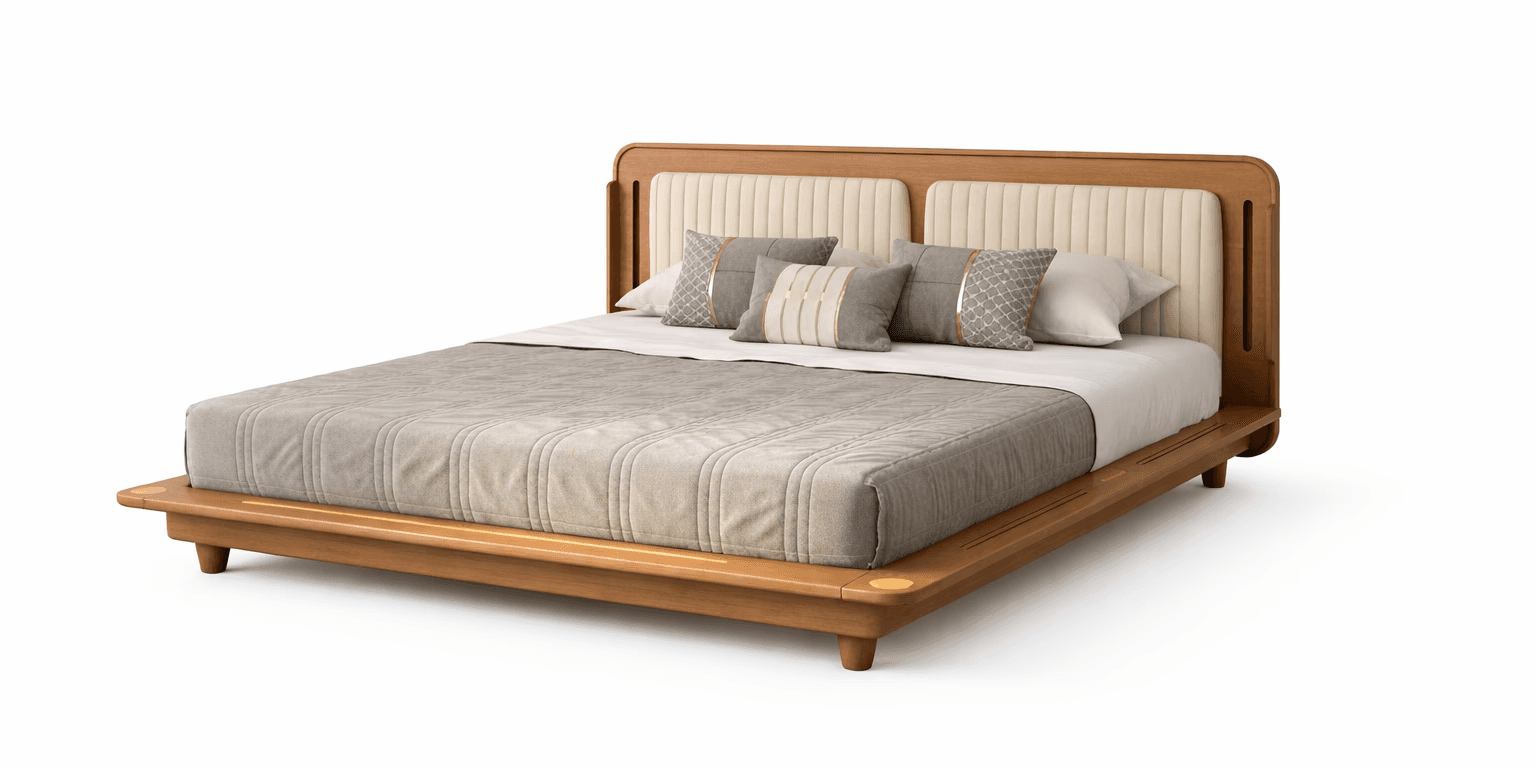 Wooden platform bed with flat headboard, open base design, and simple geometry