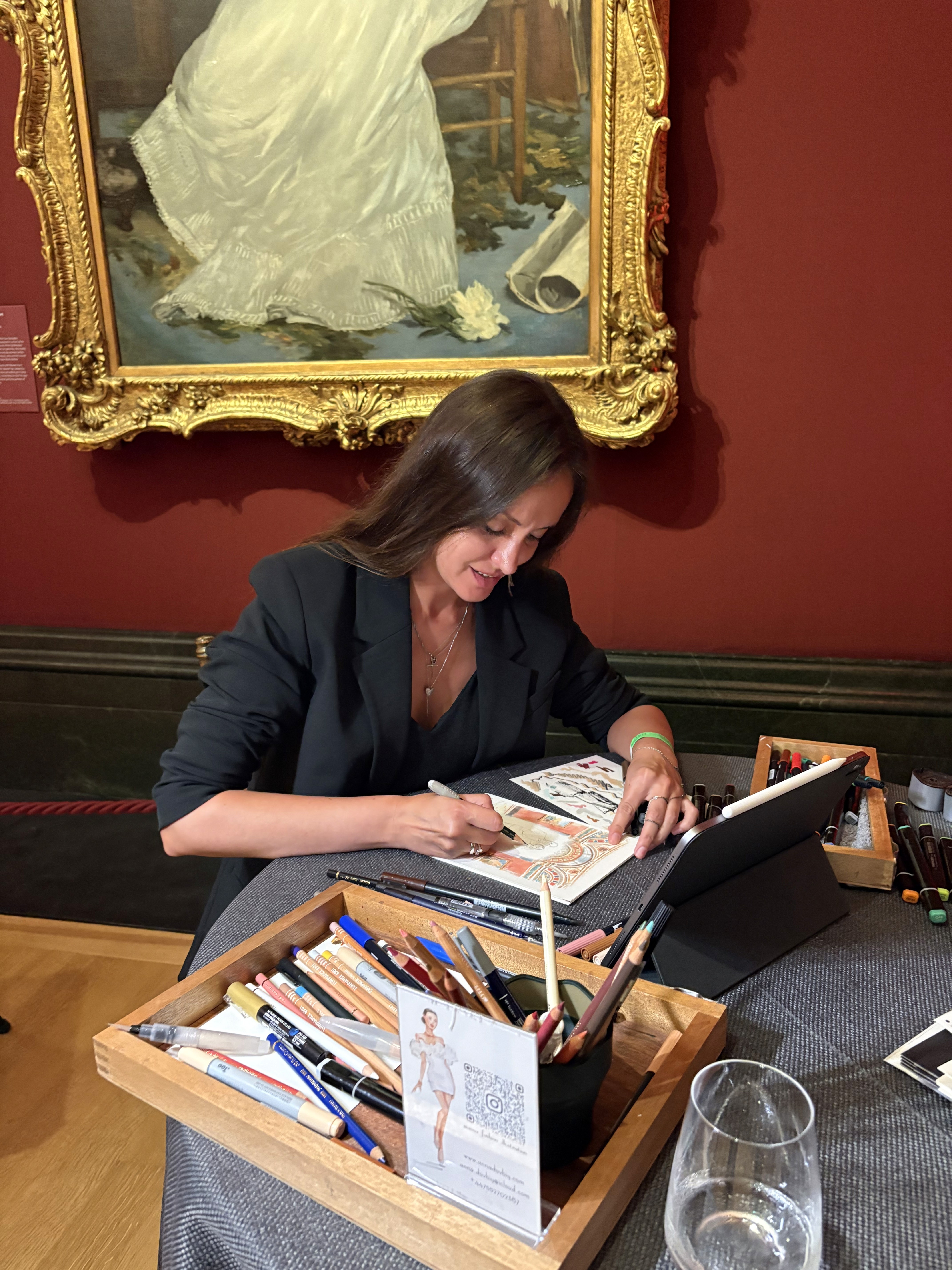 Live event illustrator Anna Dovbiy drawing guest portraits at the National Gallery in London