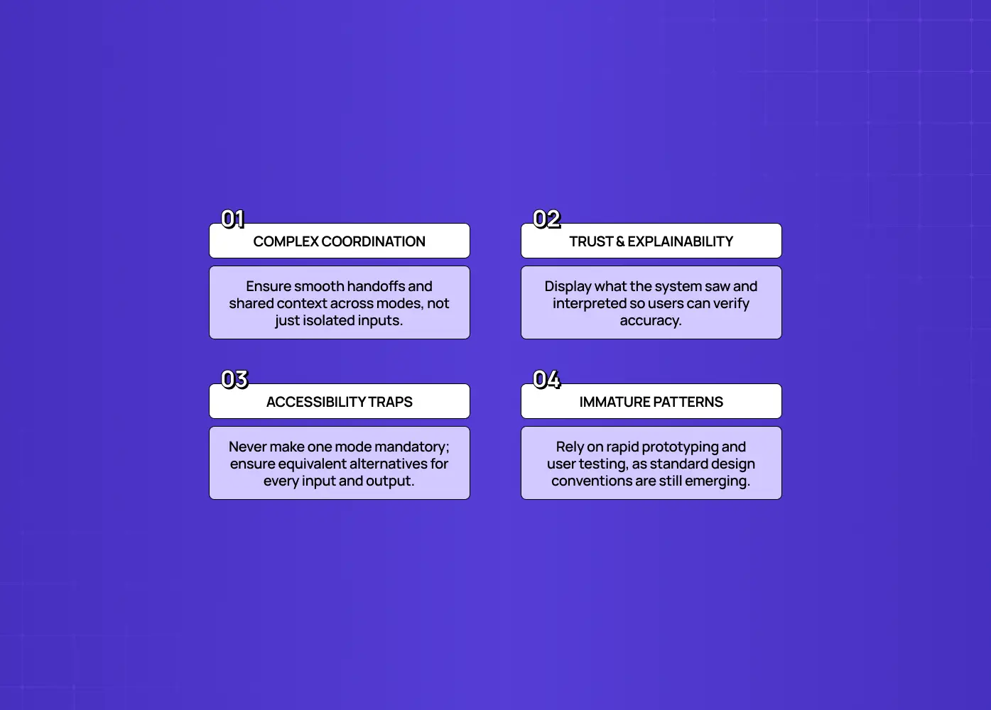 Covers complex coordination between modes, trust and explainability, accessibility pitfalls, and the risks of immature multimodal design patterns.