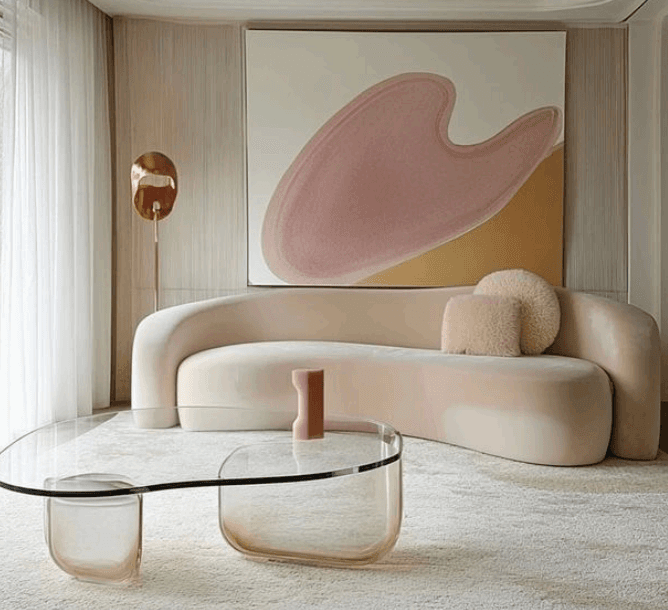 Refined interior living space with sculptural seating, warm architectural finishes and a balanced contemporary composition.