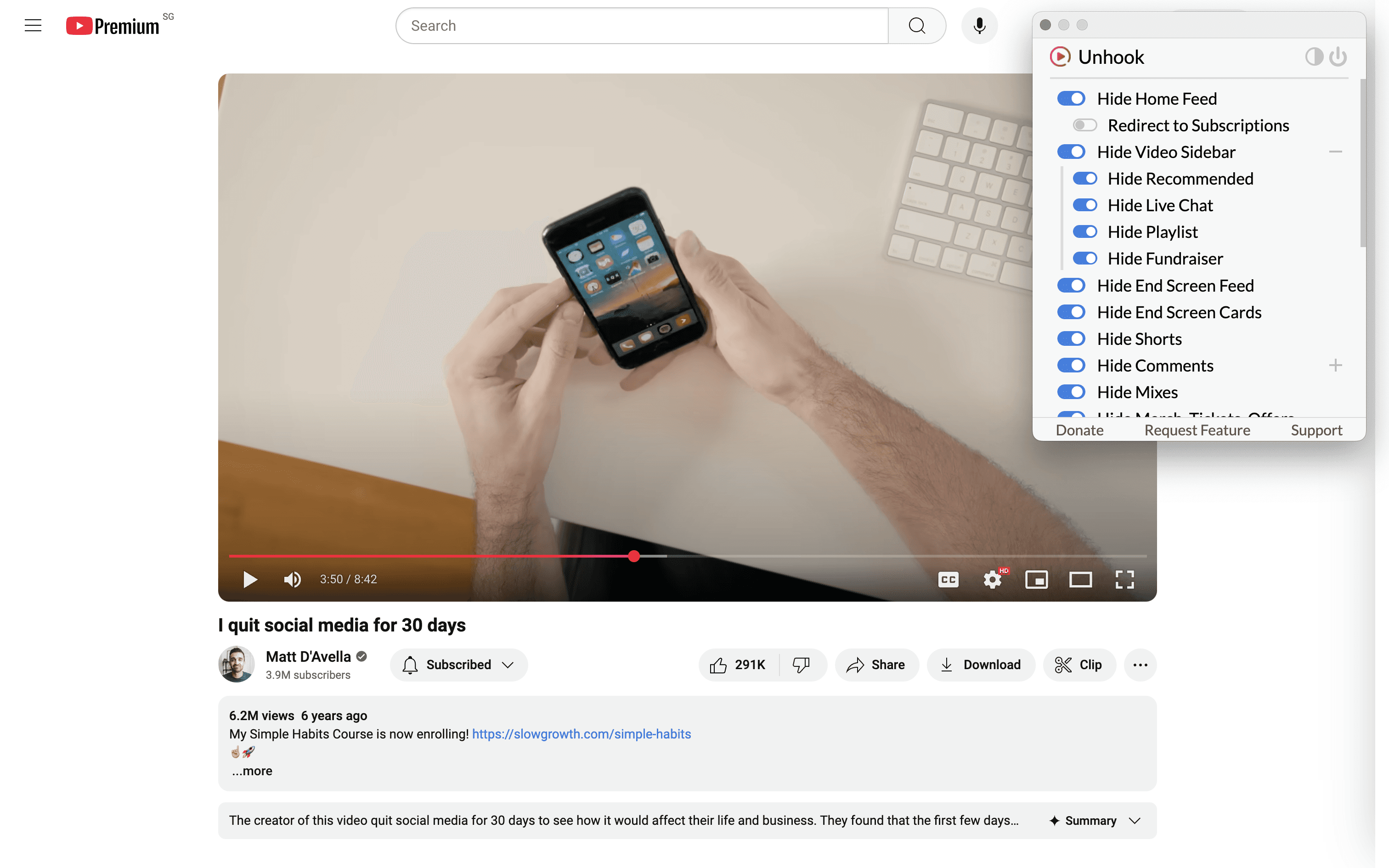 YouTube video page with Unhook turned on