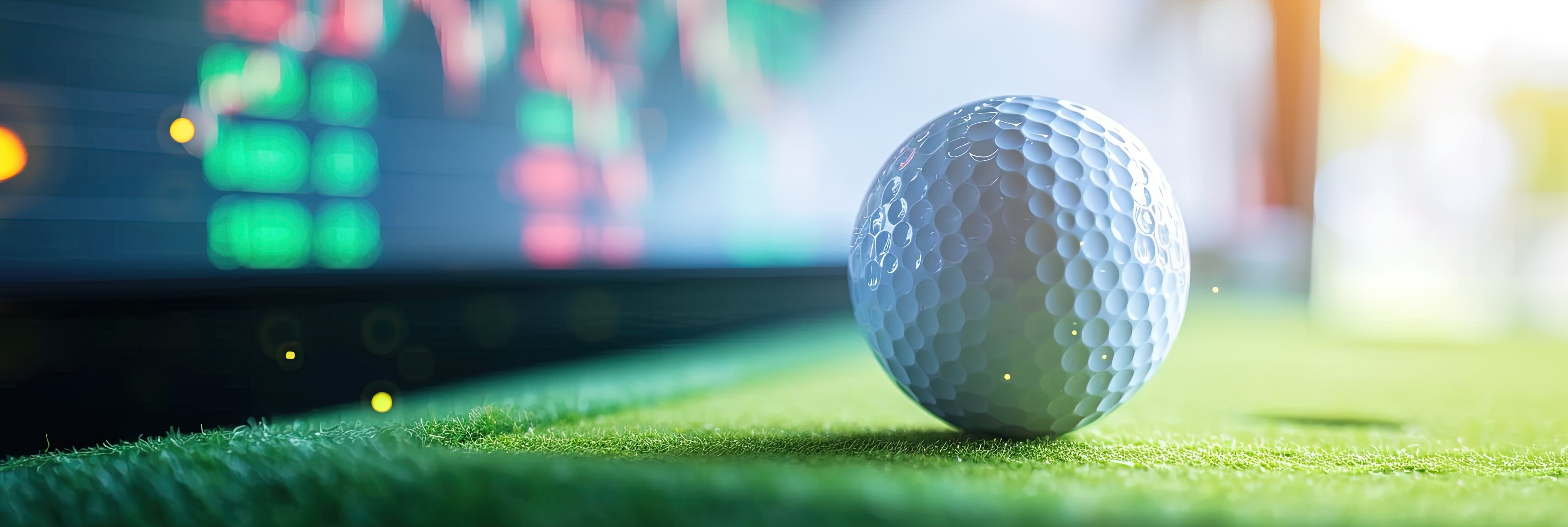 A golf ball on the turf with a screen of shifting figures blurred behind it