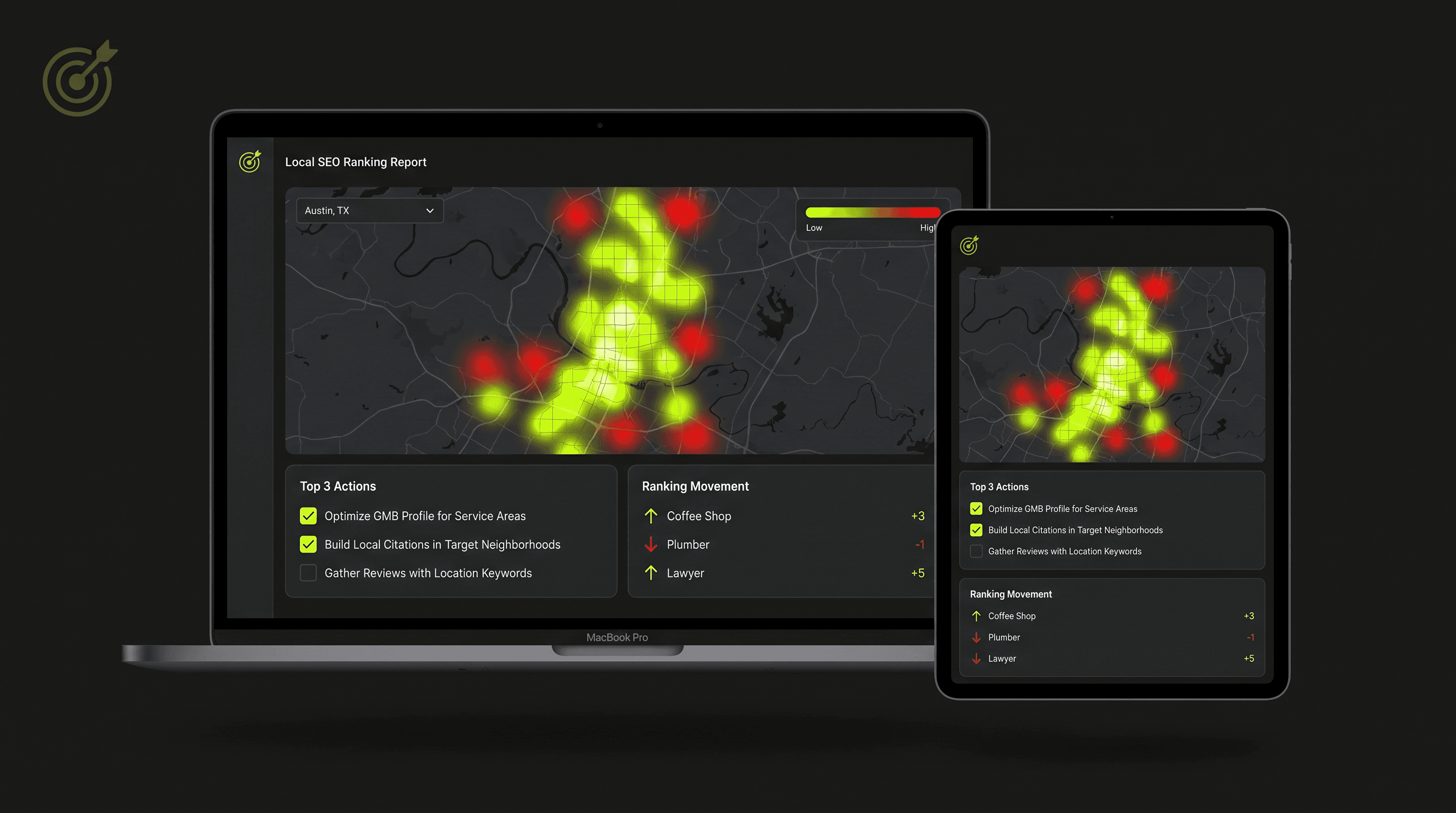 Local SEO ranking report displayed on laptop and tablet with geo-grid data and action items