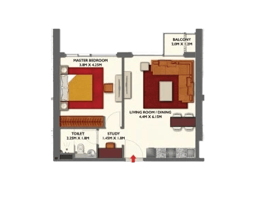Floor plan for Apartment Type 1 at Dragon Towers, showcasing layout and room dimensions.