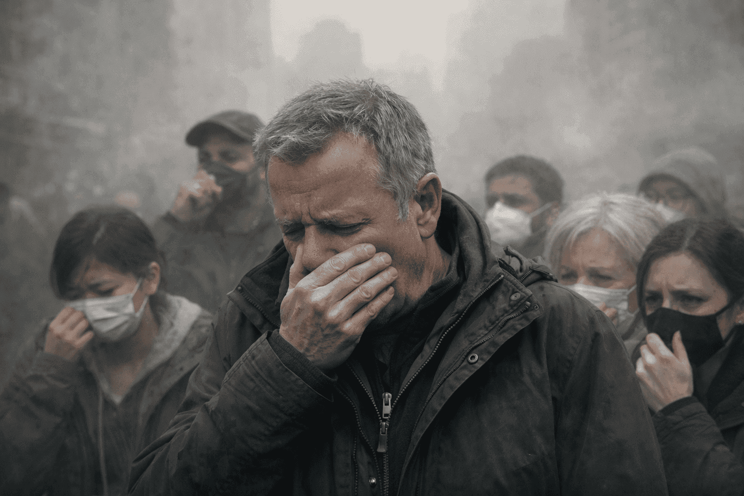 Crowd of people wearing protective face masks coughing in a city filled with dense air pollution.