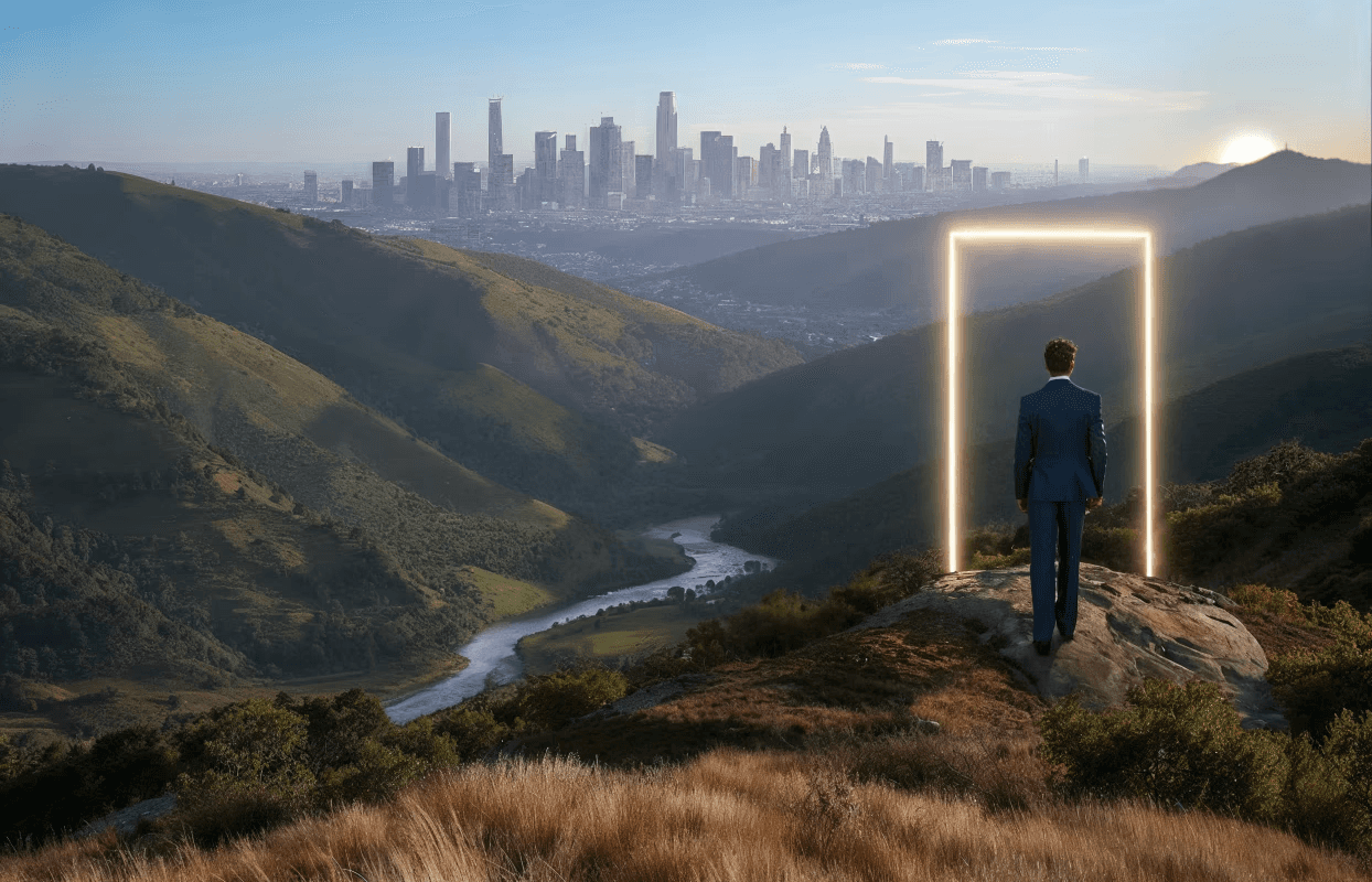 Person steht auf einem Berg und blickt auf ein leuchtendes Portal mit Stadt im Hintergrund.