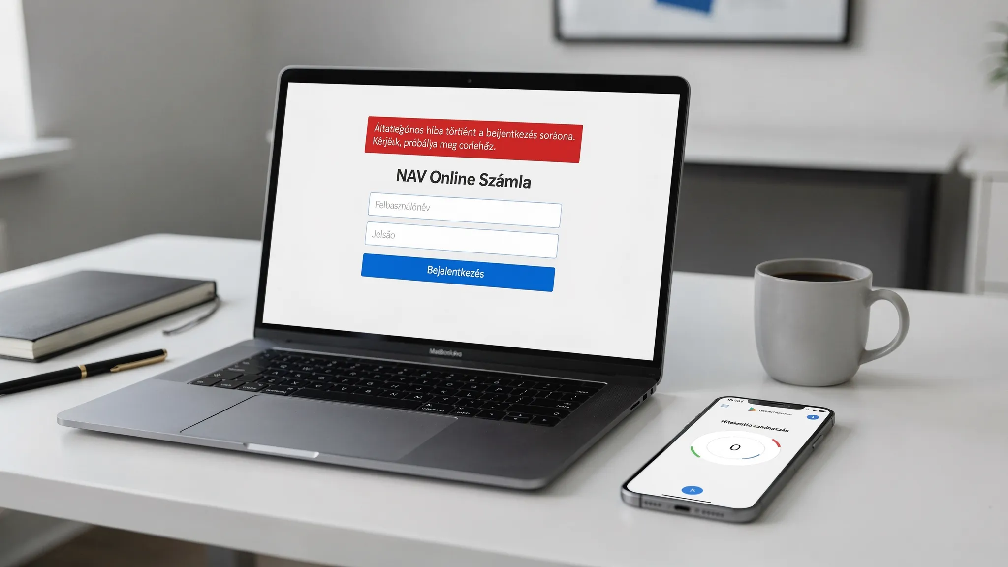 Egy irodai asztalon nyitott laptopon a NAV Online Számla bejelentkezési oldala látható, mellette egy okostelefon hitelesítő alkalmazással. A képernyőn egy általános belépési hibaüzenet jelenik meg, a környezet rendezett, üzleti.