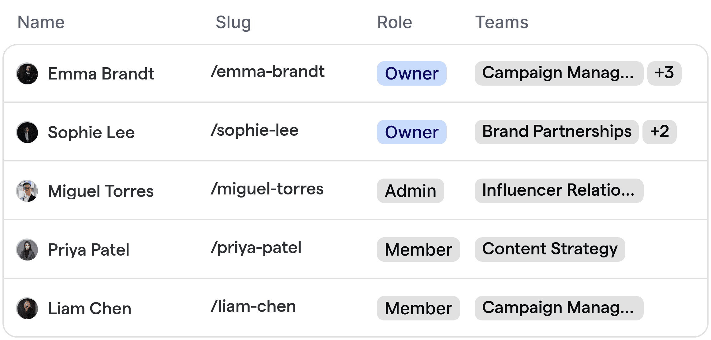 Automated team assignment view for influencer marketing agency staff.