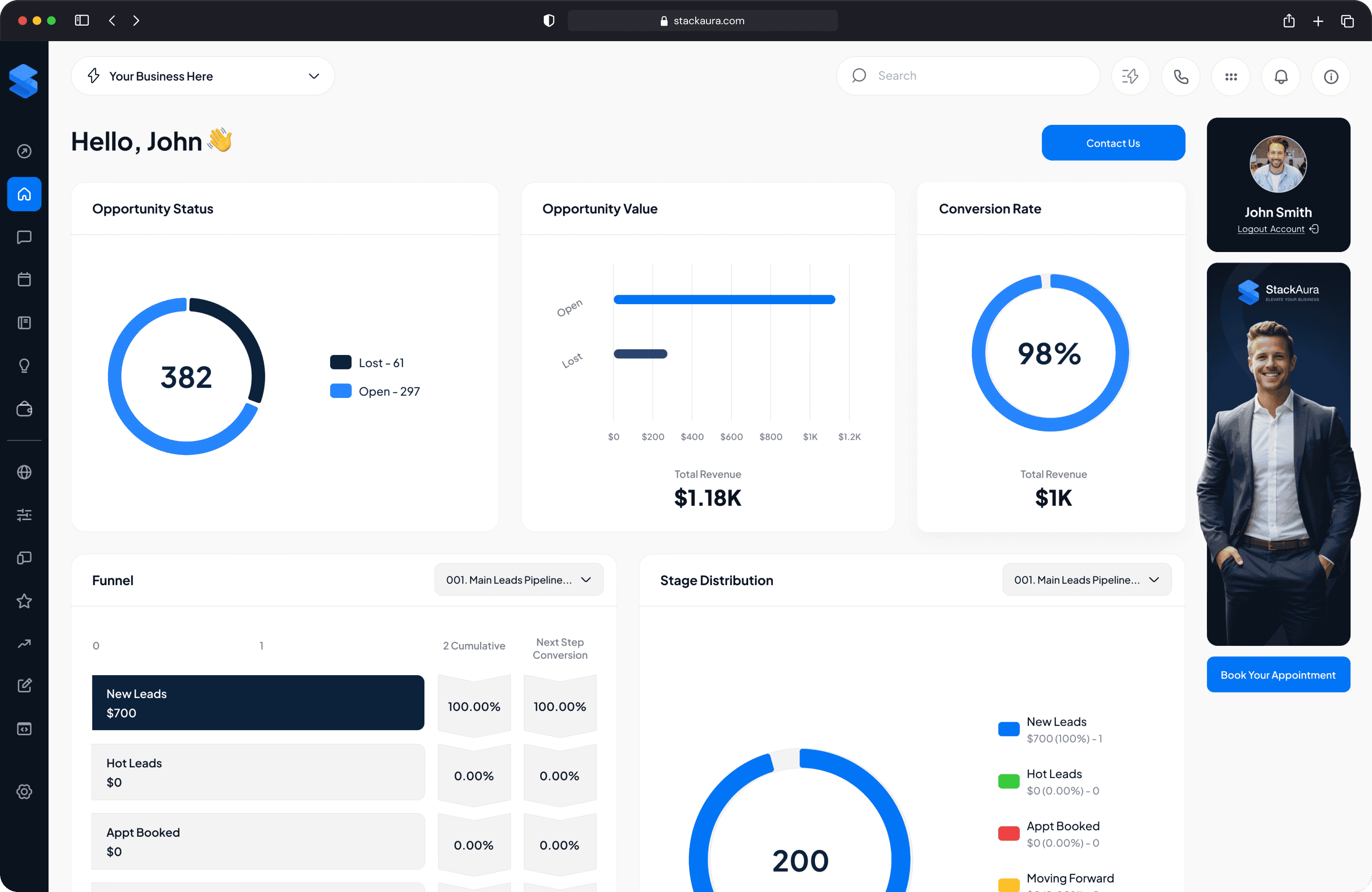 Light theme GoHighLevel dashboard customization with branded sidebar and white label CRM layout | StackAura