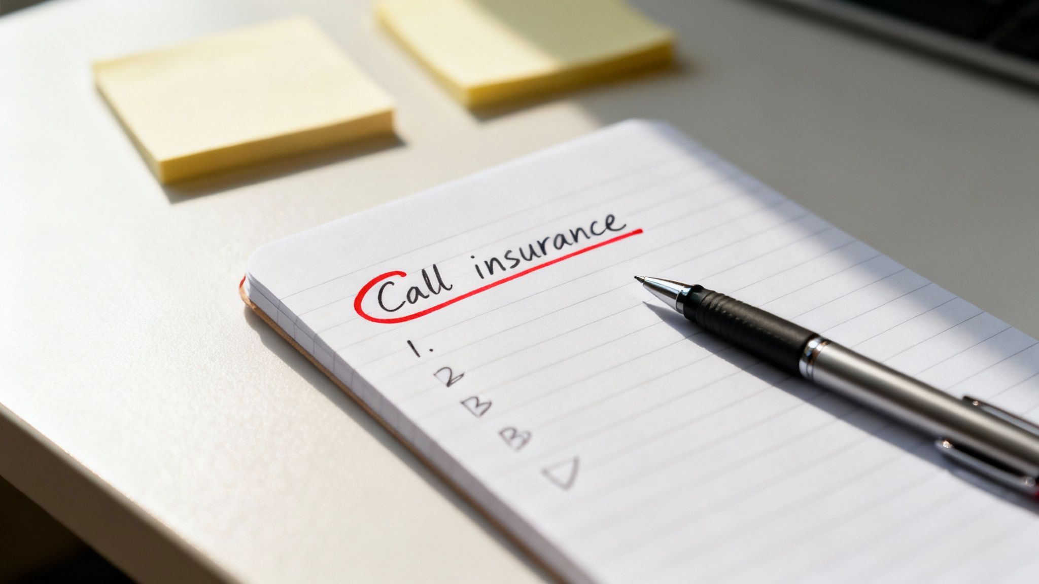 Notebook with call insurance reminder circled in red with pen and sticky notes on desk