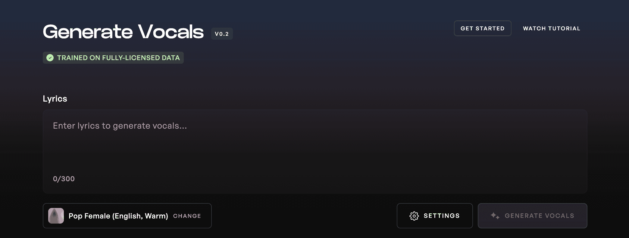 The Vocal Generator with lyrics typed in the text box