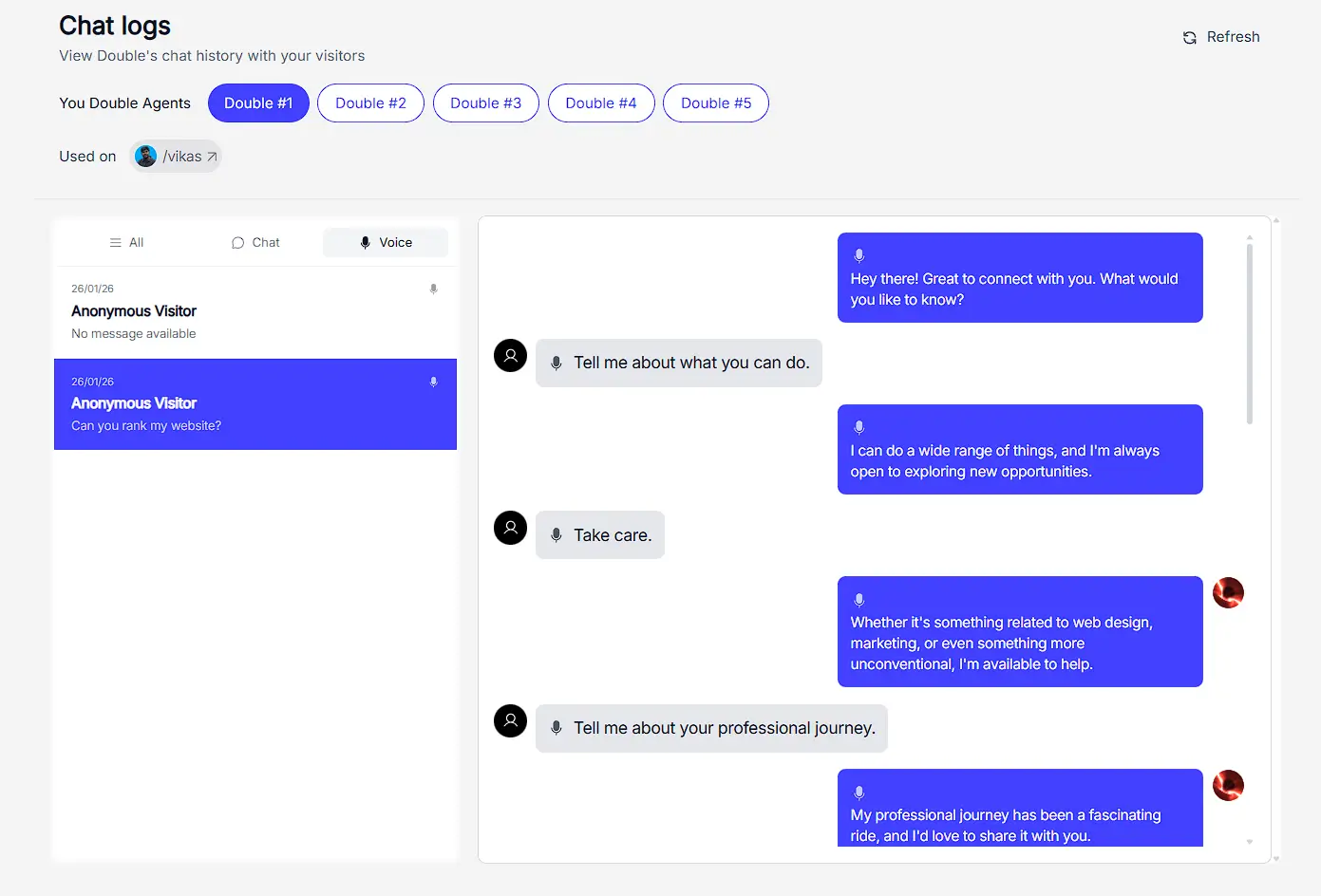 An image of chatlogs showing you can see what people are talking to your twin and use that data to refine your twin