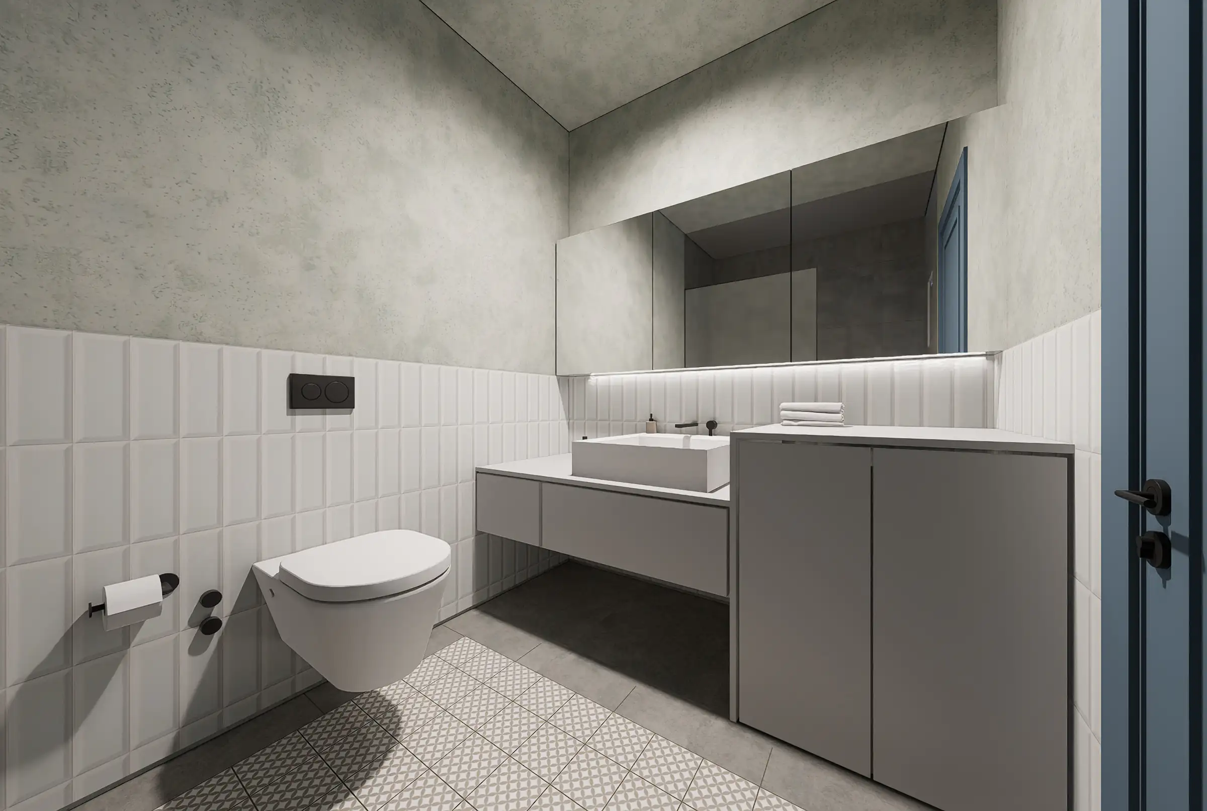 Bathroom with white tiled walls, a wall-hung toilet and a vanity unit