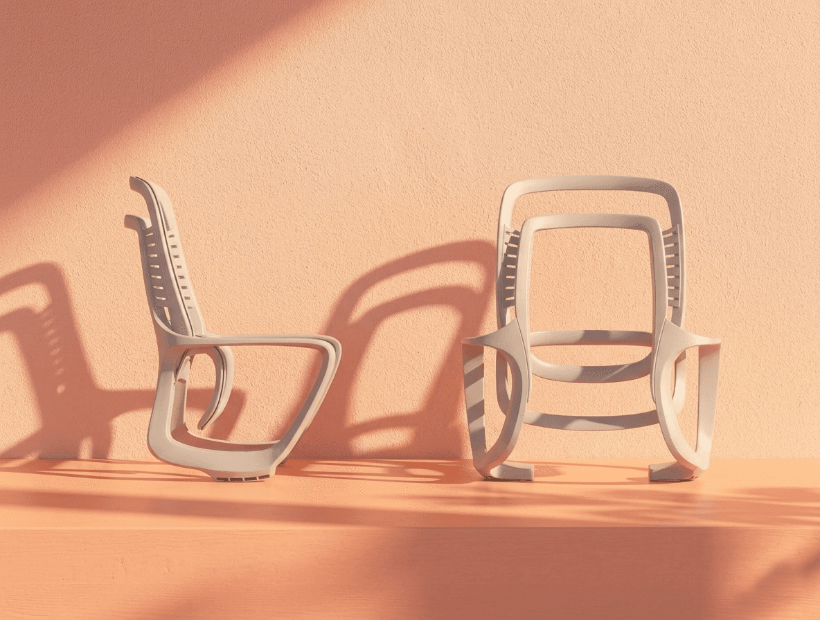 An innovative ergonomic office chair backrest frame from SingOFai Furniture, shown in both side and front views. The light-grey plastic component features a unique, flowing design with integrated armrest supports and a ribbed spine for flexible back reinforcement. The side profile highlights a forward-leaning, sculpted silhouette, while the front view showcases the layered, open-frame architecture. The product is presented on a warm, sun-drenched surface with soft, artistic shadows cast against a textured wall.