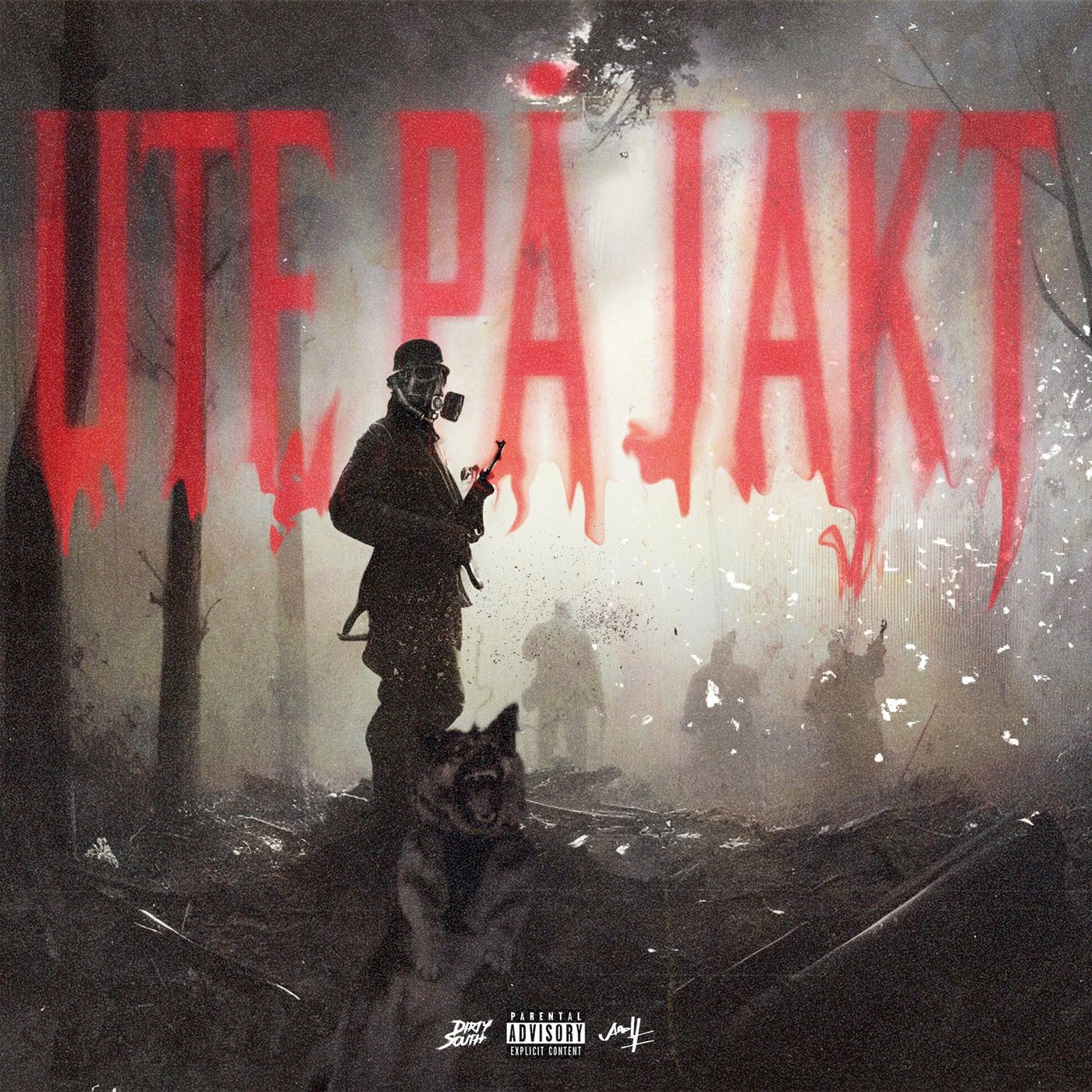 UTE PÅ JAKT single artwork for Dizzy — a hooded figure and a dog advancing through grey smoke, the title stencilled across the top in distressed red