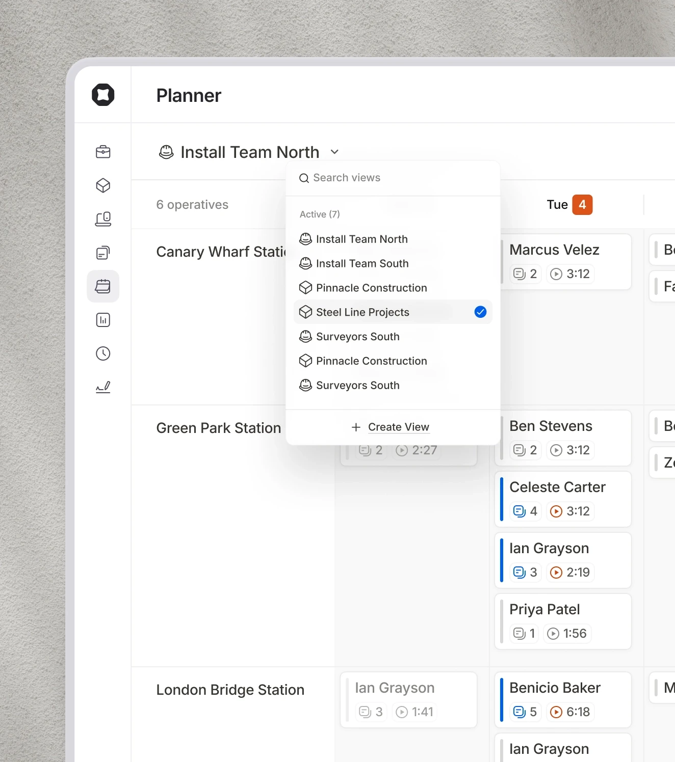 In light mode, the detail of a particular site visit in the Onetrace Planner, showing the location, date, time and assigned operative.