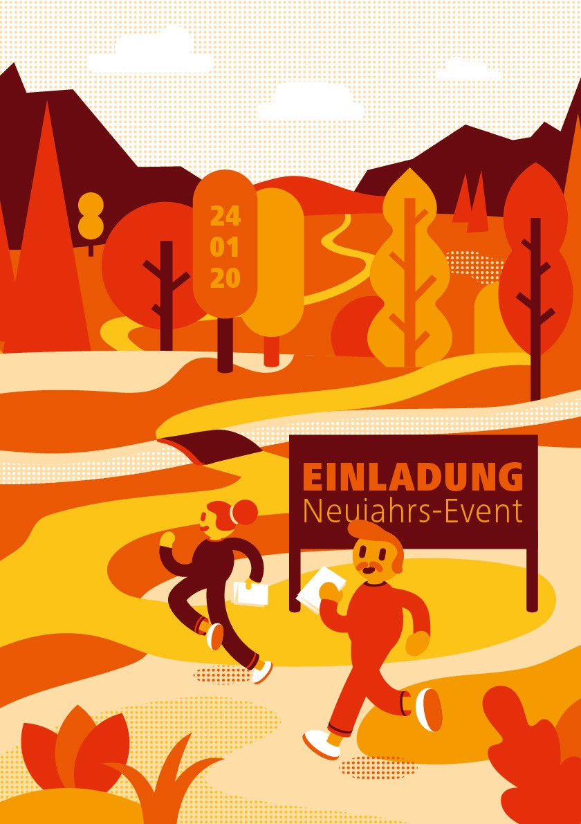 Vector illustration for an event that shows the path ahead for two characters running away from the viewer. All is in orange tones with a maximum of 6 different shades used in the design.