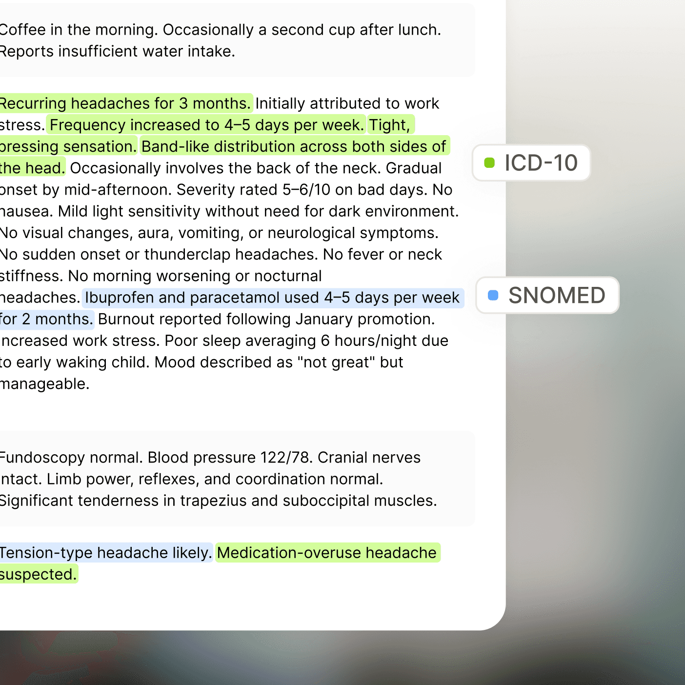 Code suggestions appearing in real time as a clinician documents the consultation.