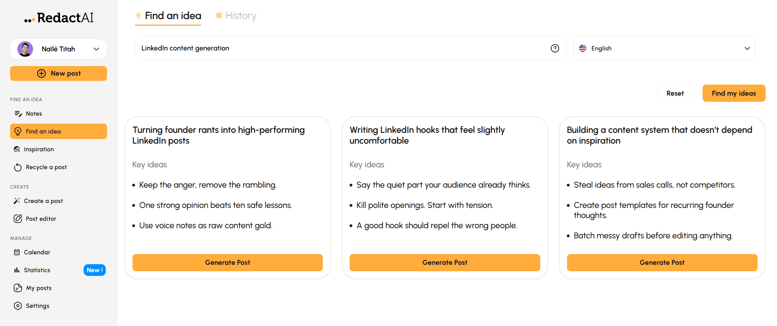 RedactAI's LinkedIn idea generator