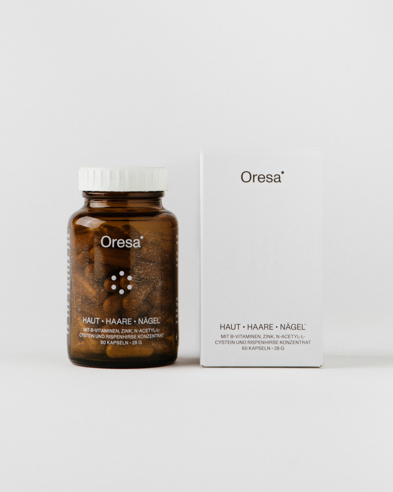 Haut Haare Nägel von Oresa – Glasdose mit Kapseln und Verpackung