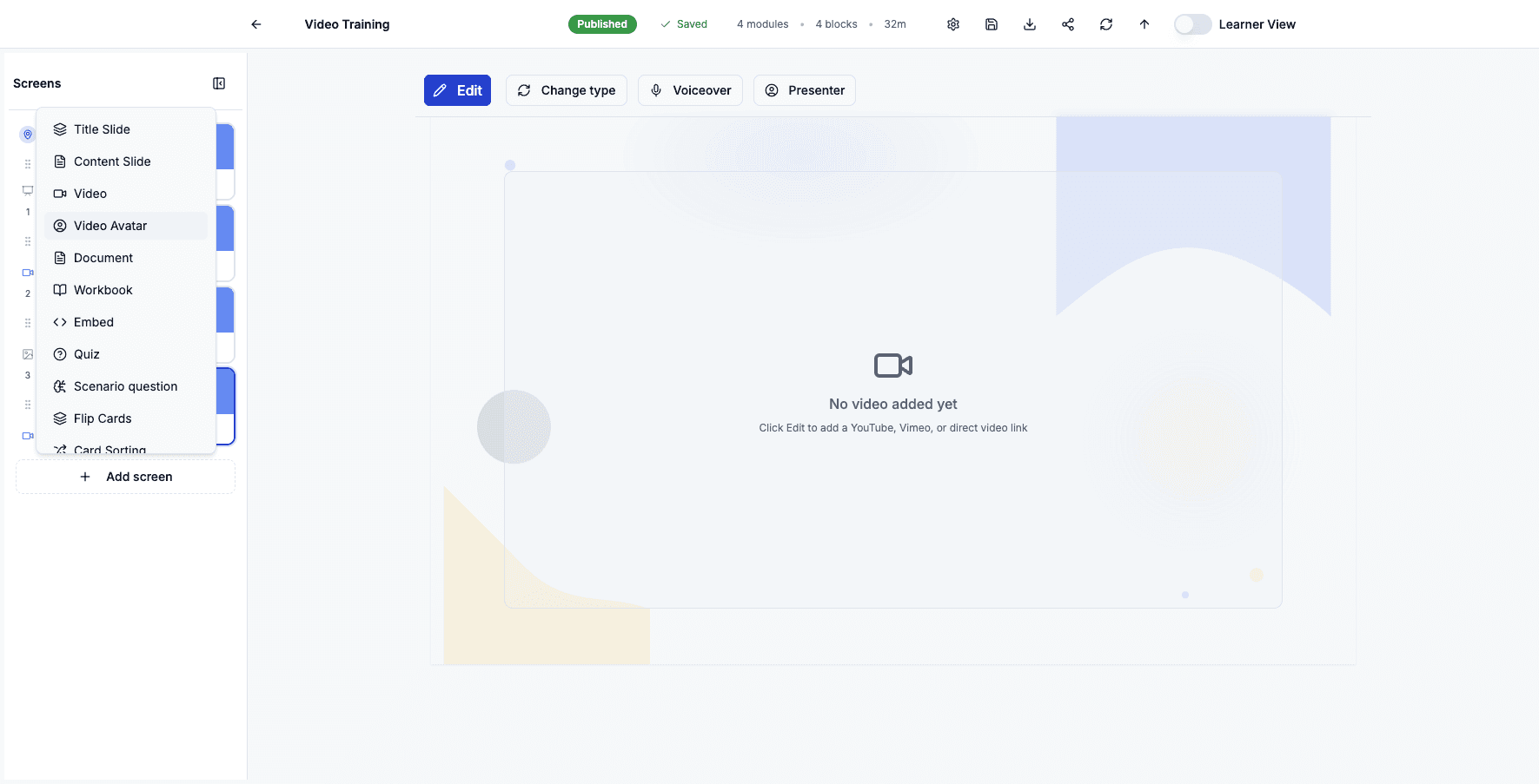 Select Video Avatar to add an AI-powered presenter video with optional captions for accessibility.