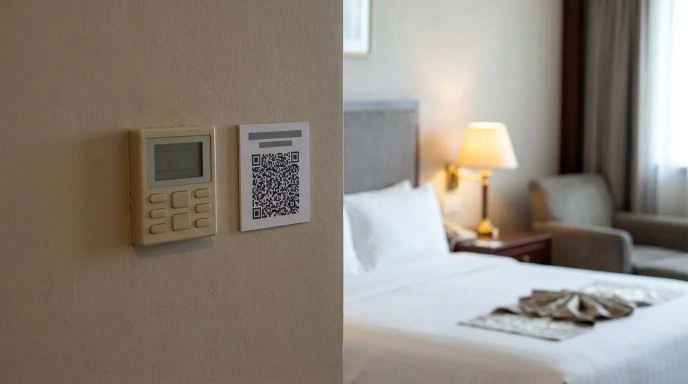 A small labelled QR card mounted beside the air conditioning control panel on the wall of a hotel guest room, with the made bed and headboard behind it.