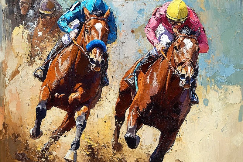 All Out Drive horse race painting showing four jockeys on thoroughbreds charging hard in a dramatic homestretch battle.