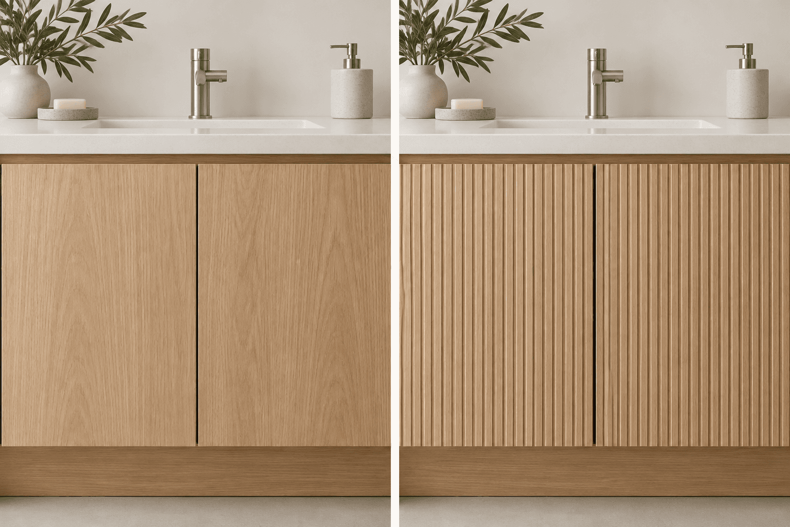 AI comparison of a smooth flat wood vanity front on the left and a vertically fluted front on the right.