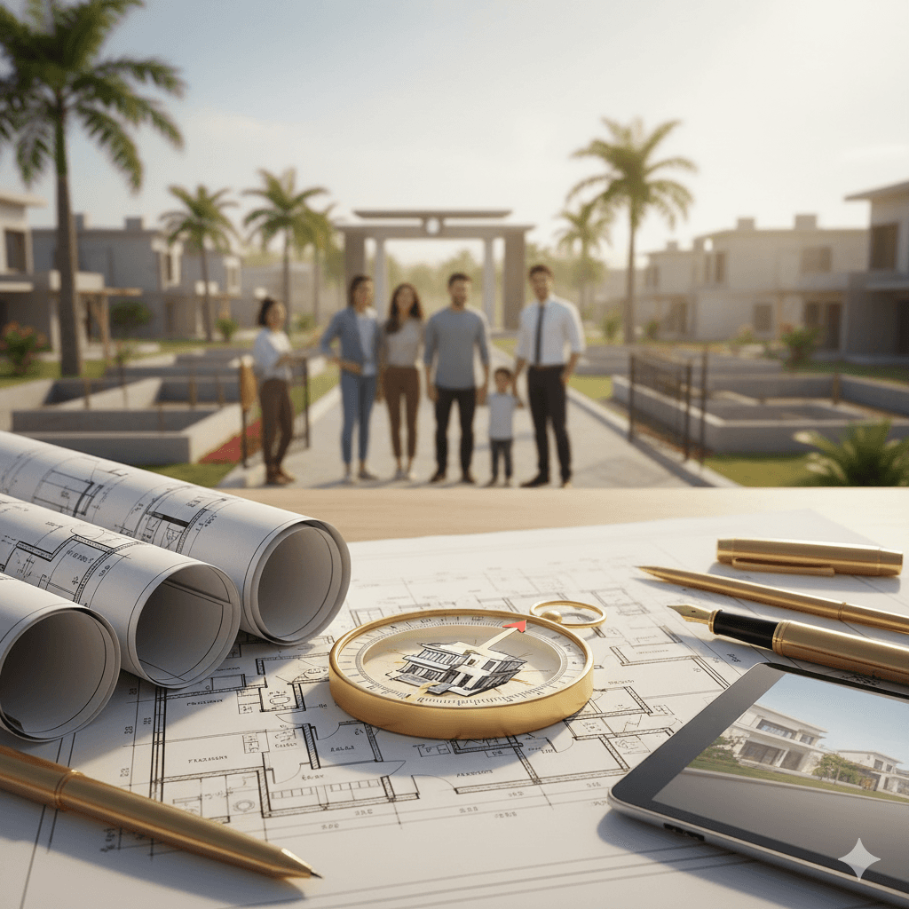Compass with house icon over blueprints, representing custom residential plots design