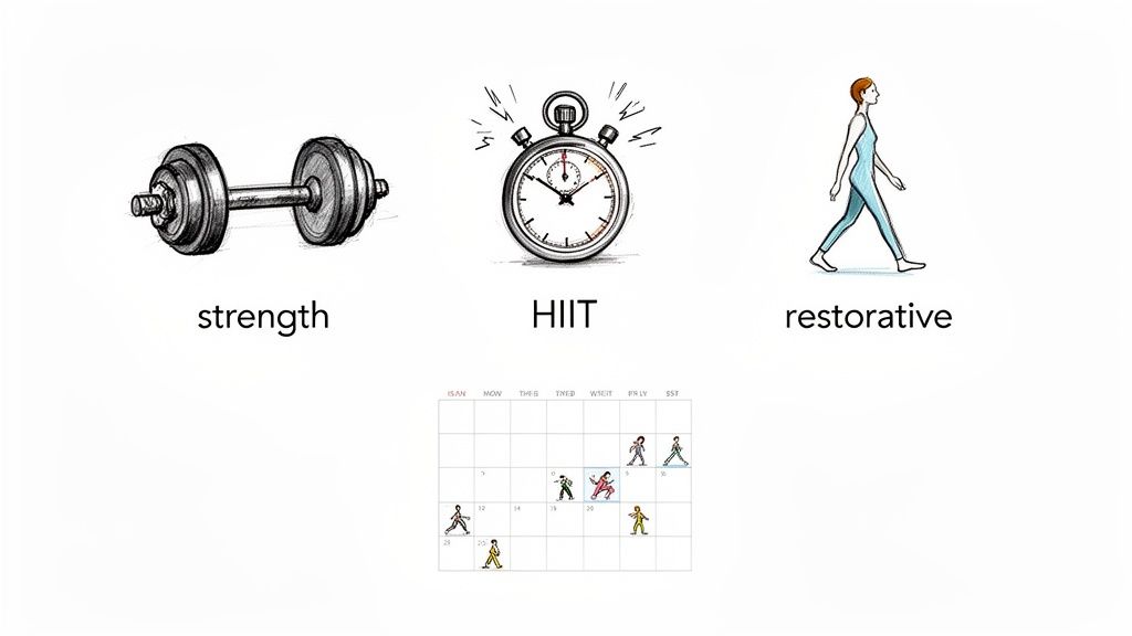 Visual guide to different exercise types: strength with a dumbbell, HIIT with a stopwatch, and restorative walking, alongside a workout calendar.