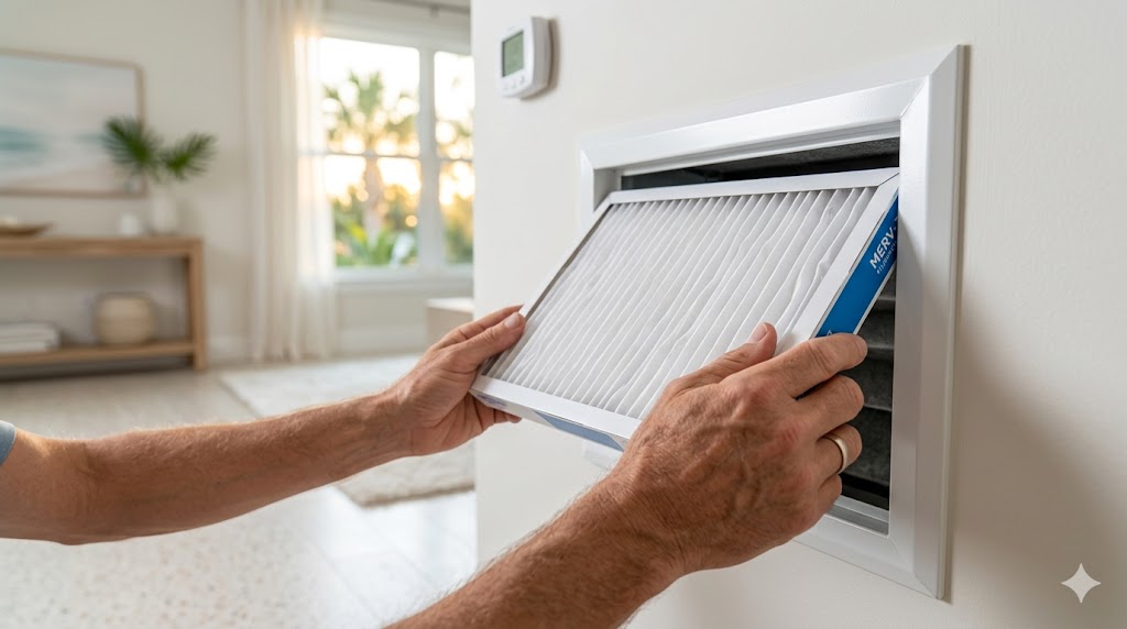 Homeowner sliding a clean pleated air filter into a return air grille