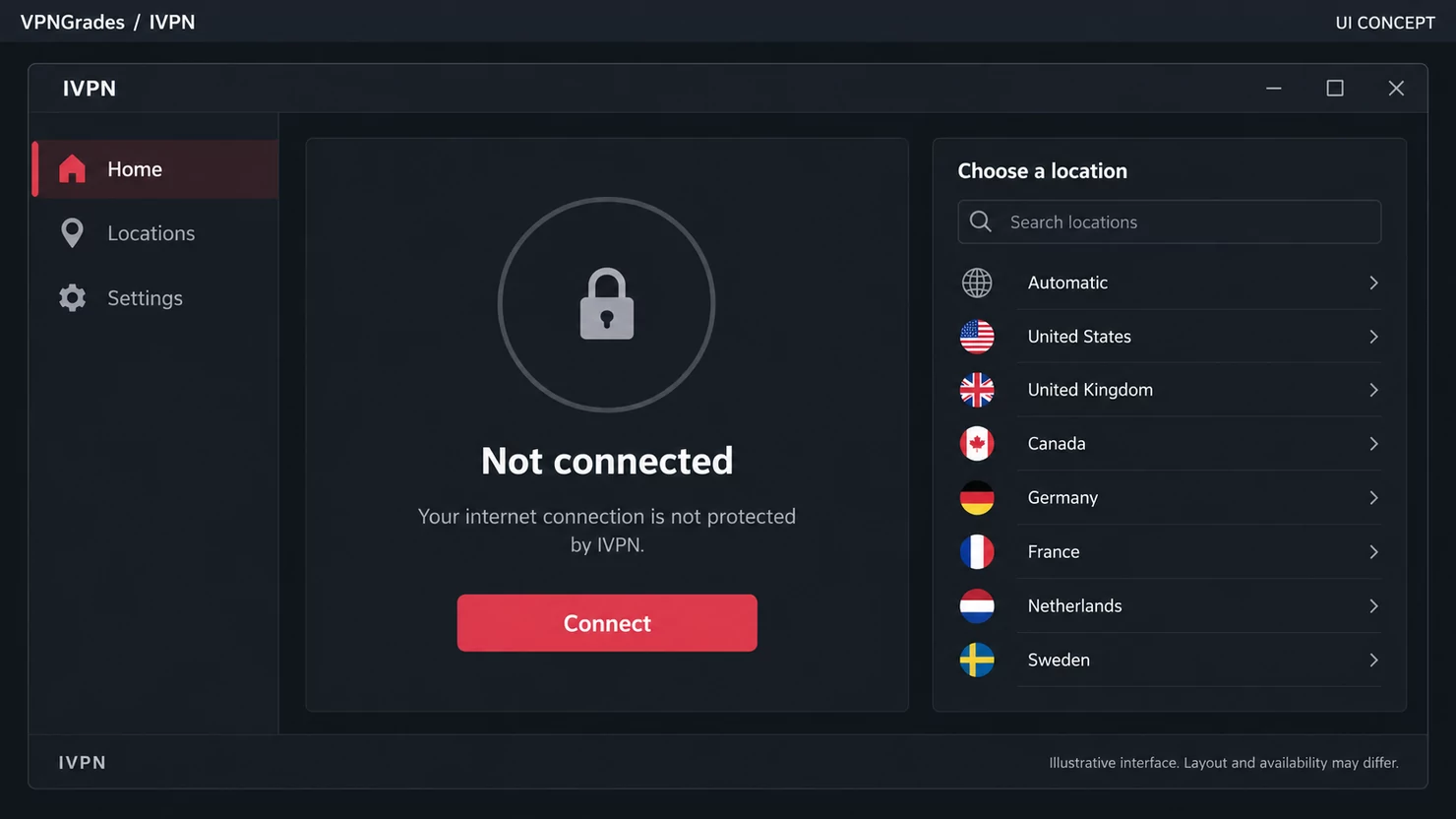 IVPN: a desktop connection interface (illustration).
