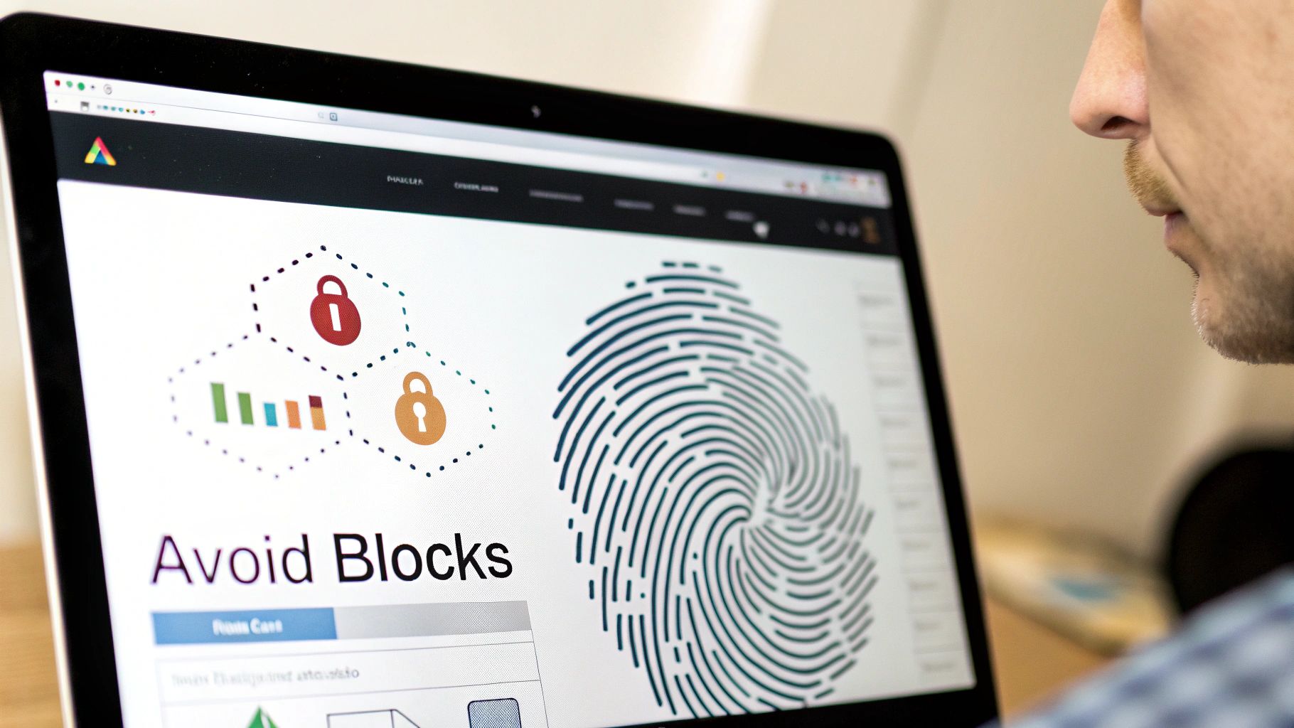 A person looking at a laptop screen displaying security icons, a fingerprint, and the text 'Avoid Blocks'.