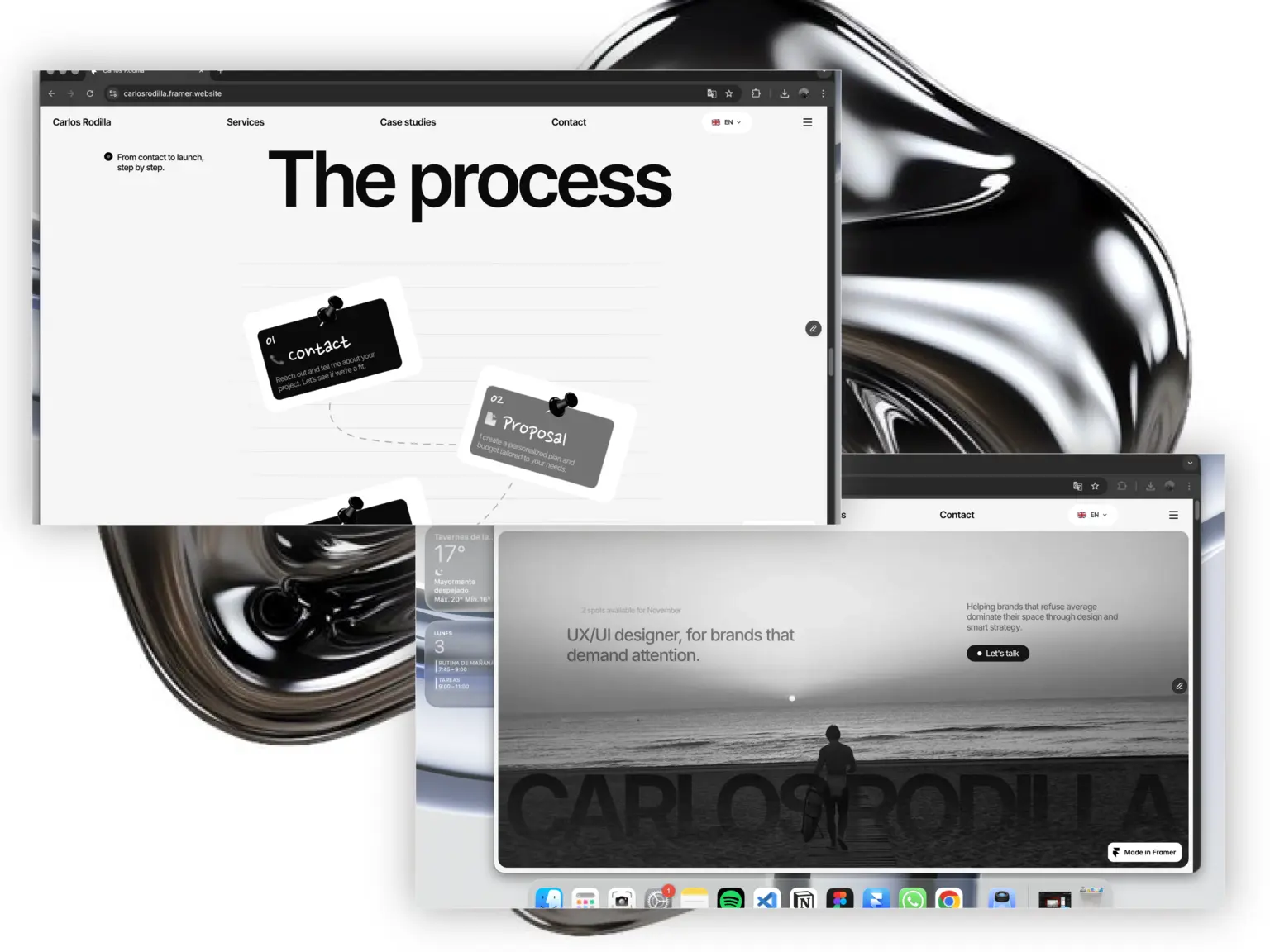 Mockup of Carlos Rodilla's hero section and the process section from his portfolio