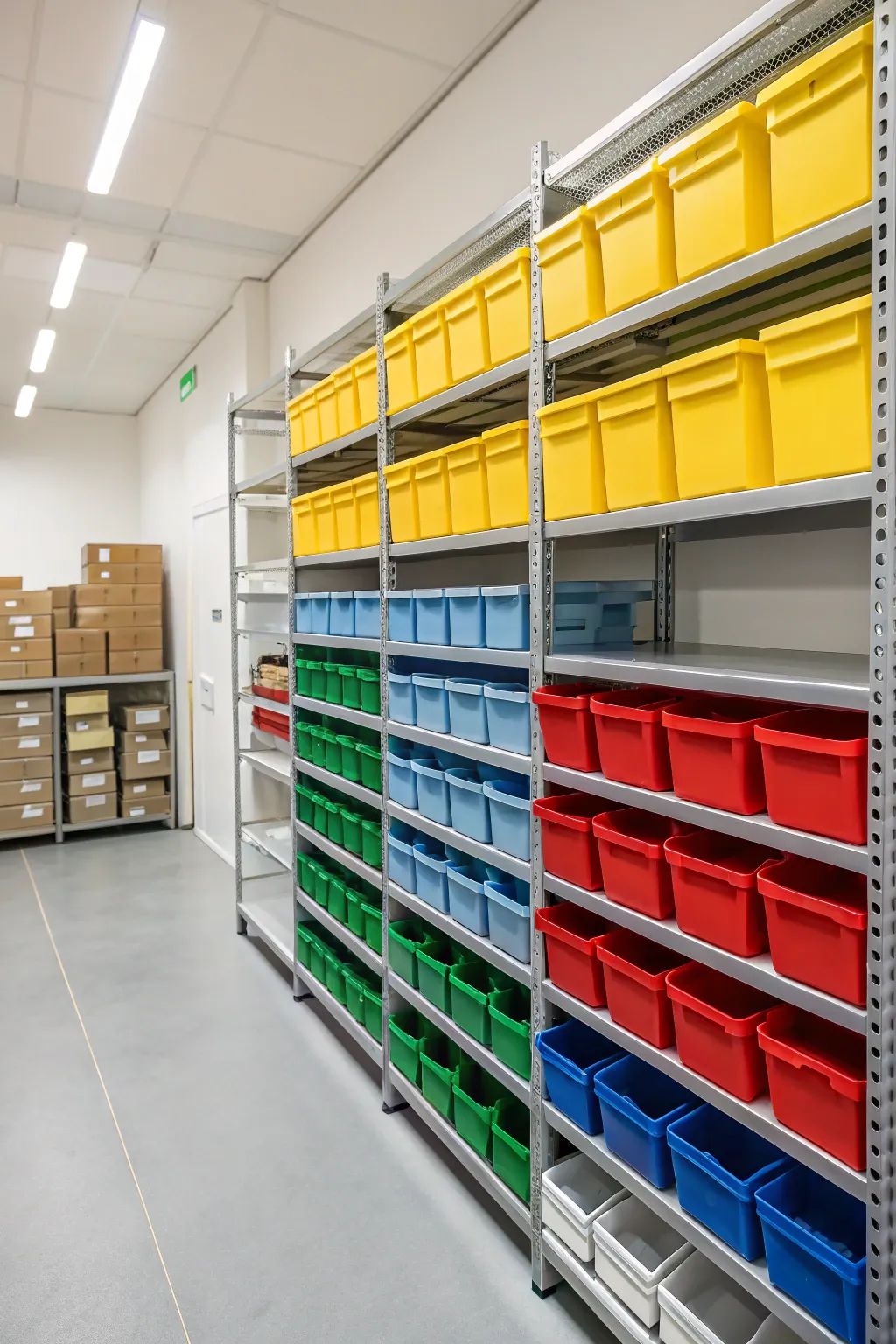 Colorful plastic storage bins in yellow, blue, and red are neatly stacked on metal shelving in a clean warehouse or storage facility.