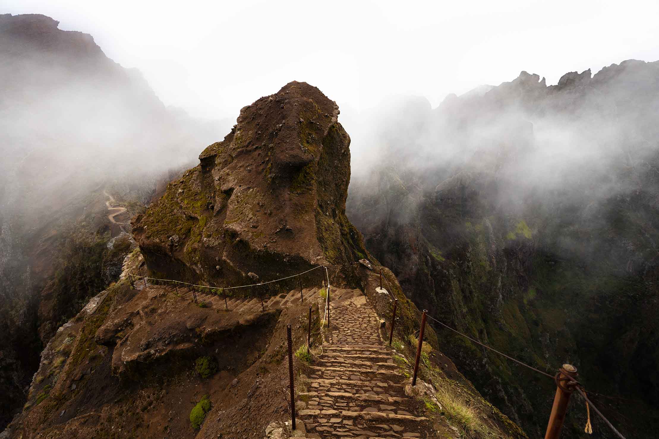 Top view of a stairway on Pico do Arieiro, Madeira Island, Portugal, with clouds around.