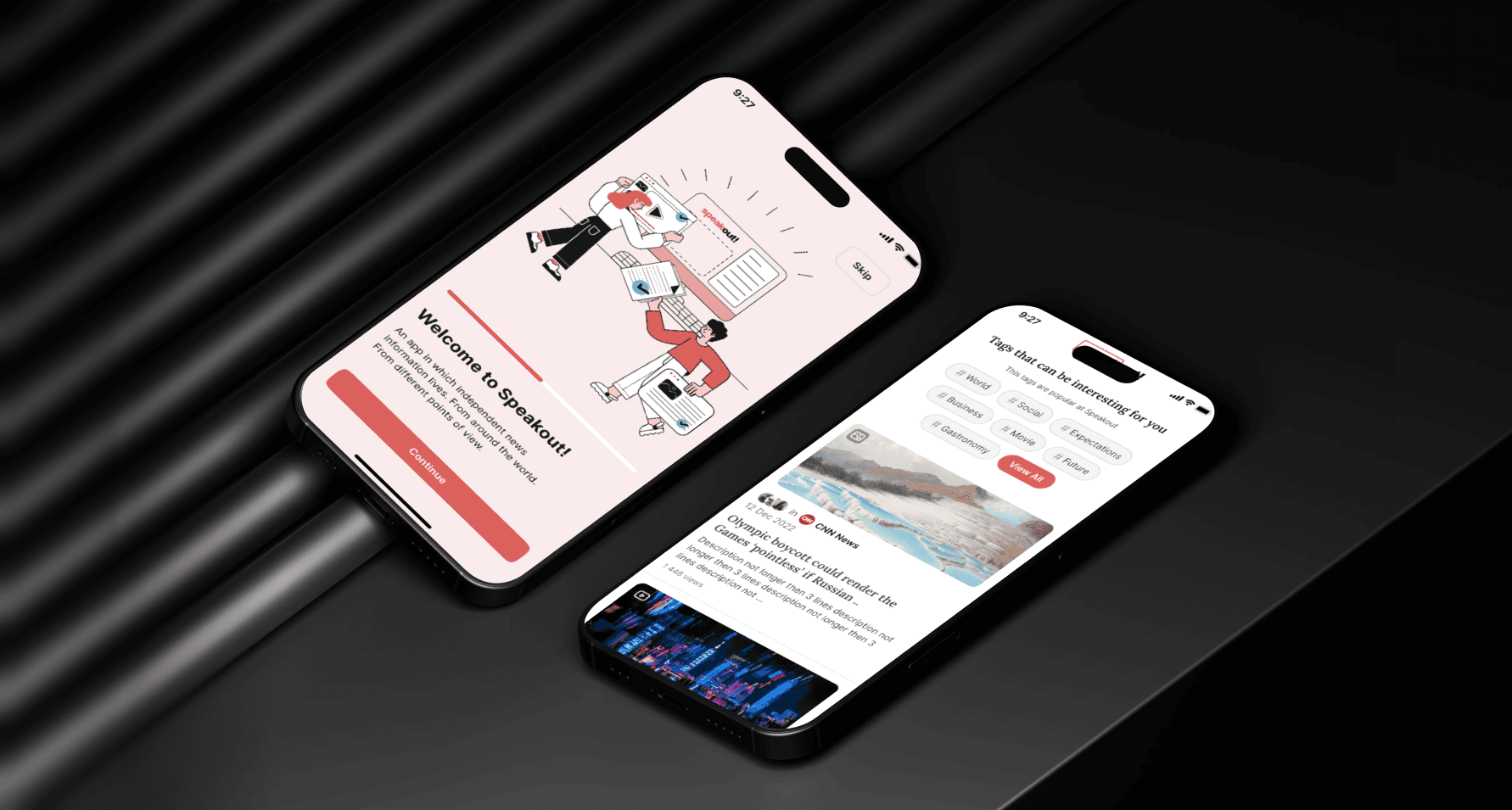 Visualisation of 2 mobiles floating in the air. First one has onboarding illustration. Second one has the news feed with topic selection on top.