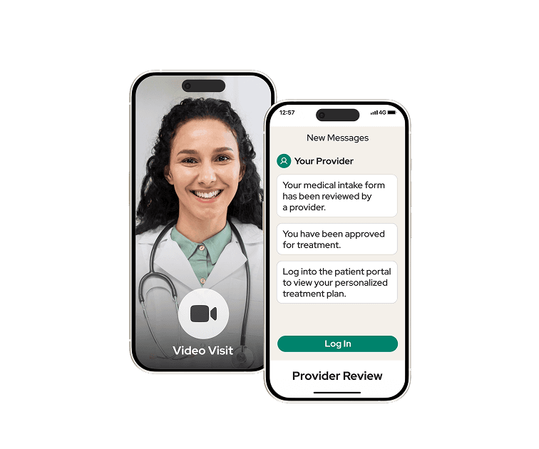 Female provider on a phone during a telehealth visit with another phone displaying messages.